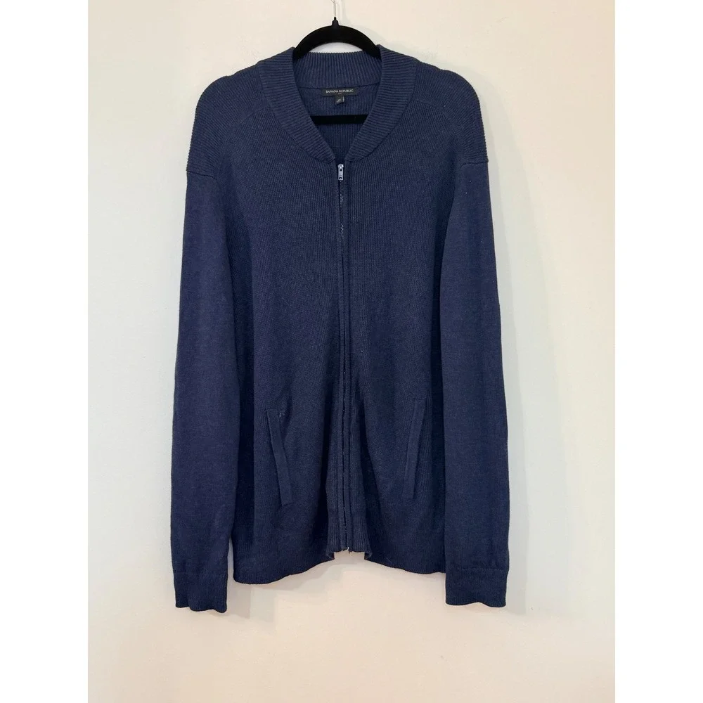 Banana Republic Mens XL Navy Blue Full Zip Cotton Blend Knit Bomber Sweater